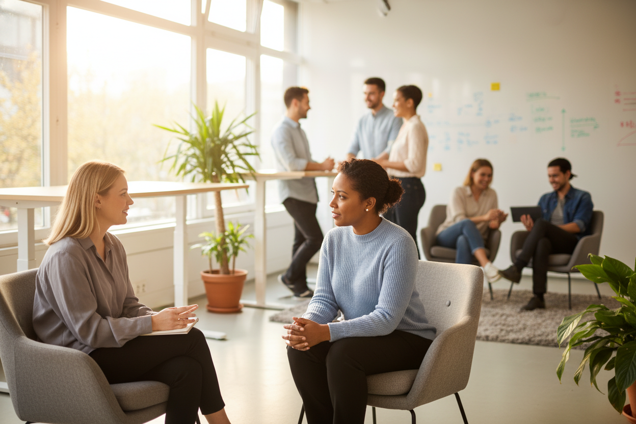 Professional workplace conversation showing supportive team environment